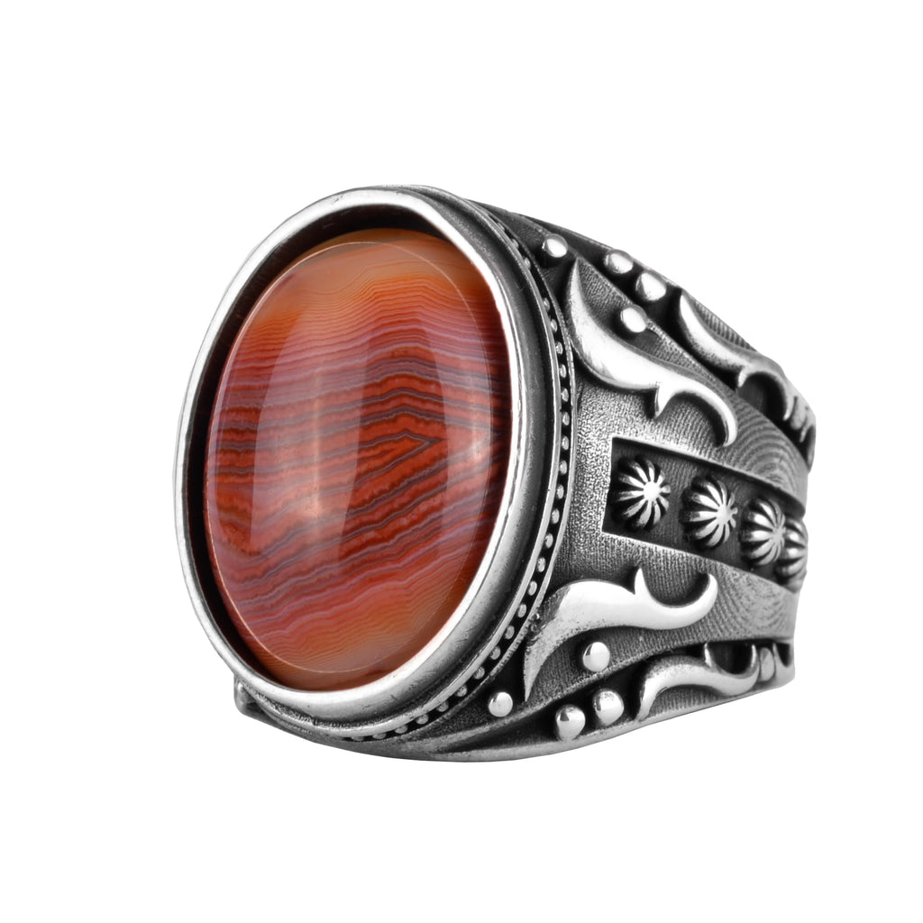 KAMBO Men's Natural Agate Ring – 925 Sterling Silver Flower Pattern Ring – Handmade Vintage Style Men's Statement Ring (Agate-12)