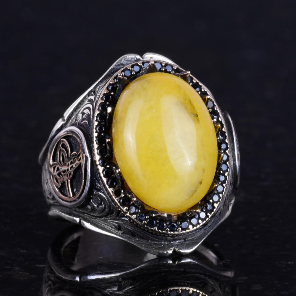 925 Sterling Silver Men's Ring - Yellow Agate Stone — 4