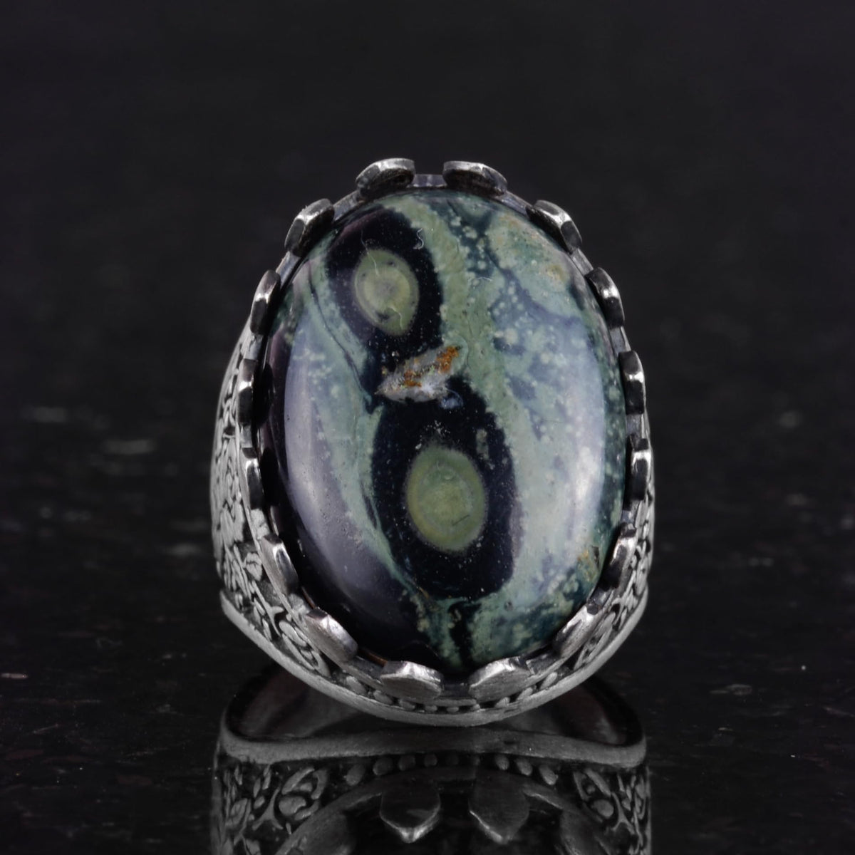 Natural Green Eye Stone Ring - Rose Pattern 925 Sterling Silver Handmade Ring — 4