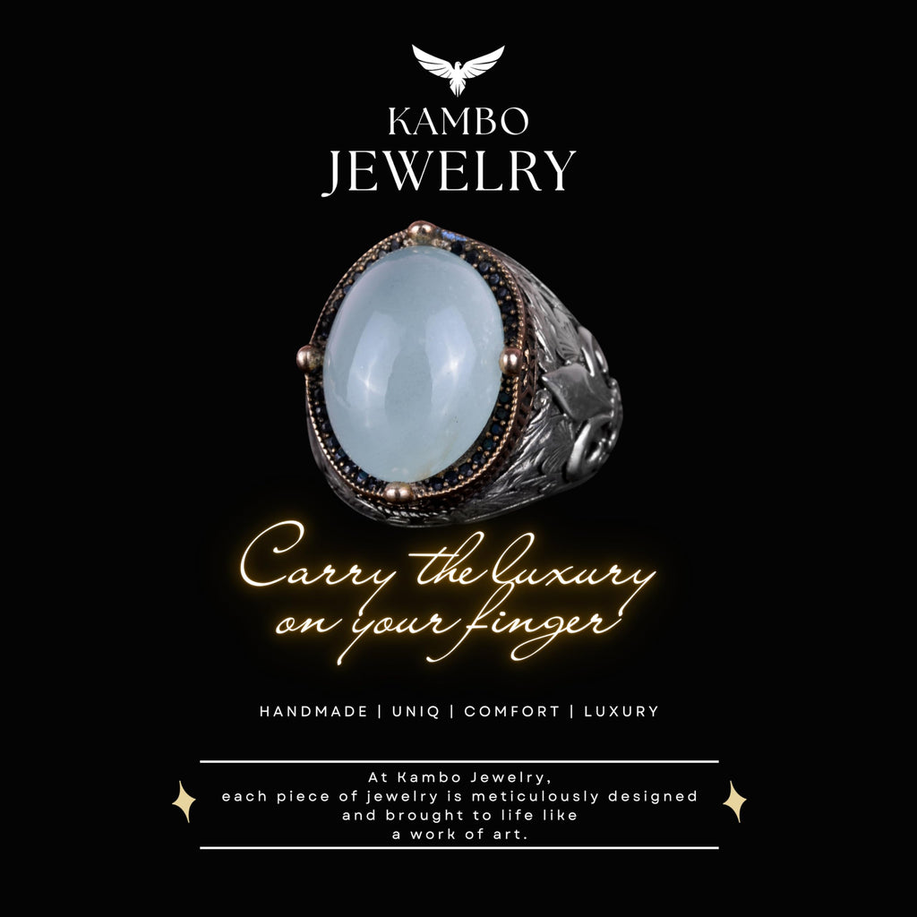 Kambo Handmade Men's Ring in 925 Sterling Silver - Available with Various Natural Gemstones (Cabochon Aquamarine) — 7