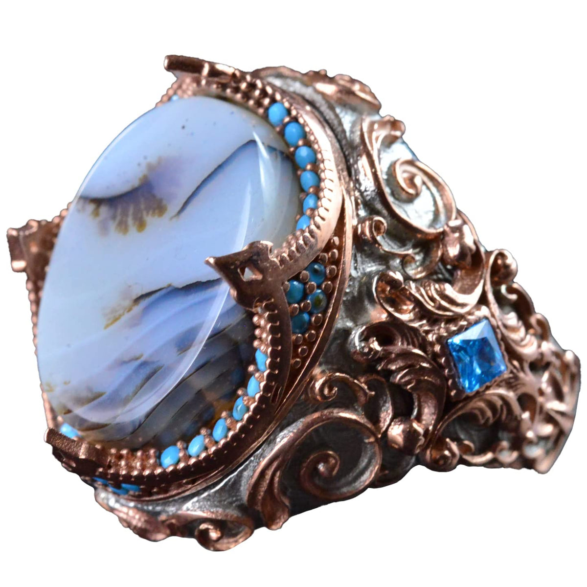Natural Yemeni Agate Stone Ring, Sultan Design, 925 Sterling Silver
