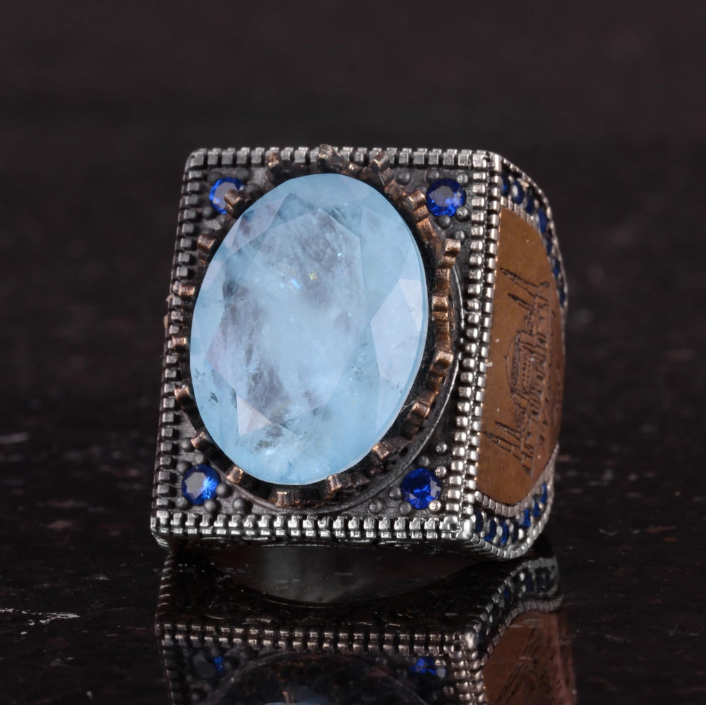 925 Sterling Silver Islamic Ring, Artificial Stone Ring, Handmade Calligraphy Written Ring (Artificial Light Blue Paraiba) — 6