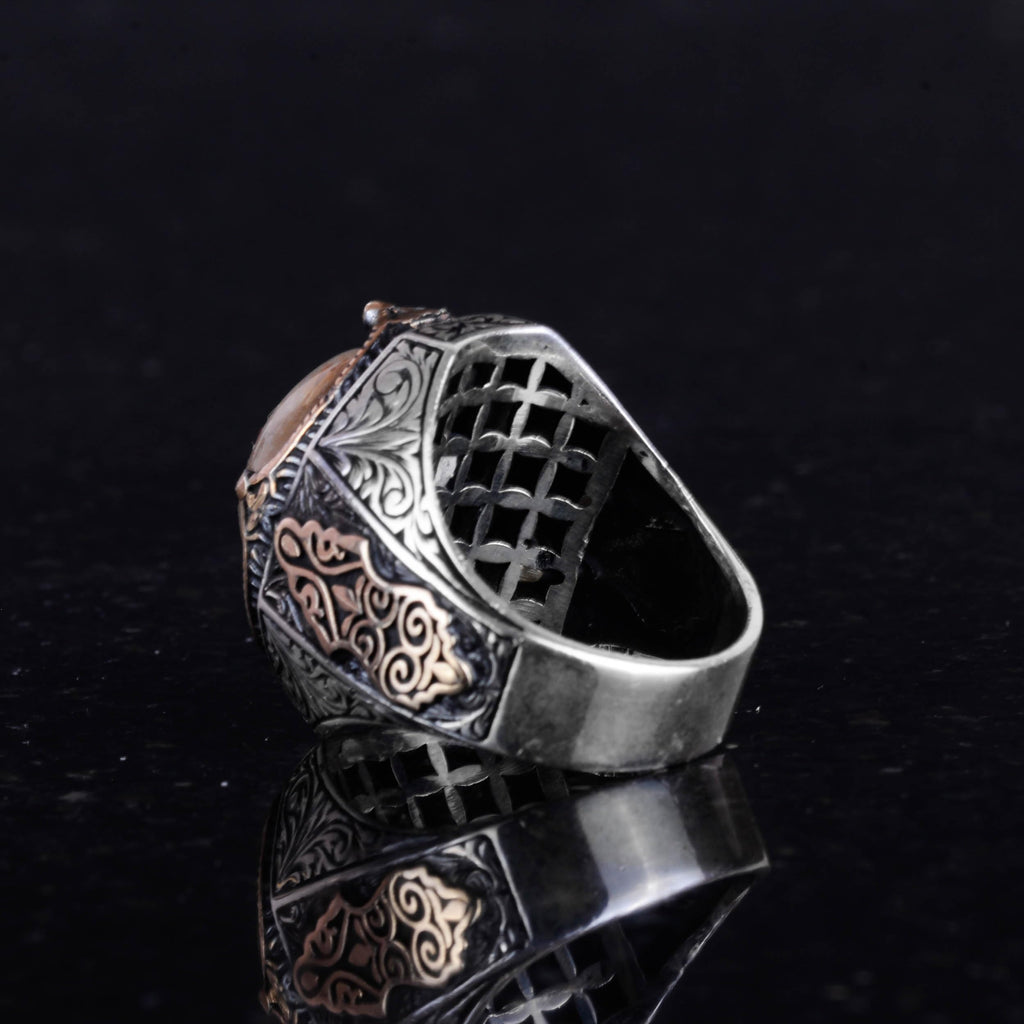925 Sterling Silver Men's Ring - Natural Cabochon Gold Rutilated Quartz Stone Ring — 7