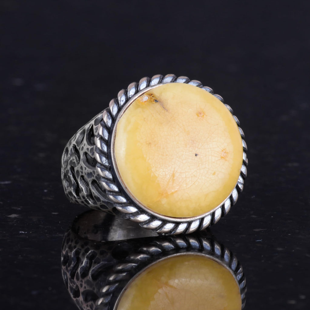 Natural Amber Stone Ring - 925 Sterling Silver Men's Ring — 6