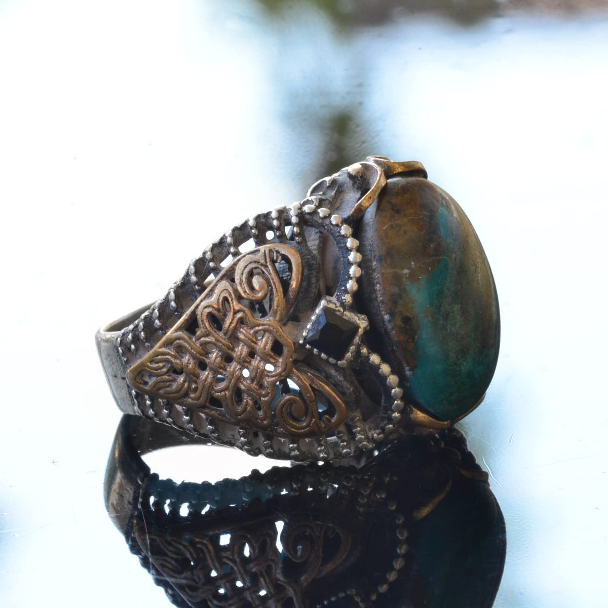 Handmade Natural Turquoise Ring with Celtic Knot Design - 925 Sterling Silver Men's Ring — 4
