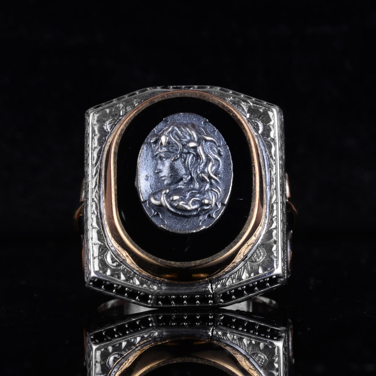 Black Patterned Stone Men's Large Ring – 925 Sterling Silver Vintage Statement Ring (Model-2) — 3