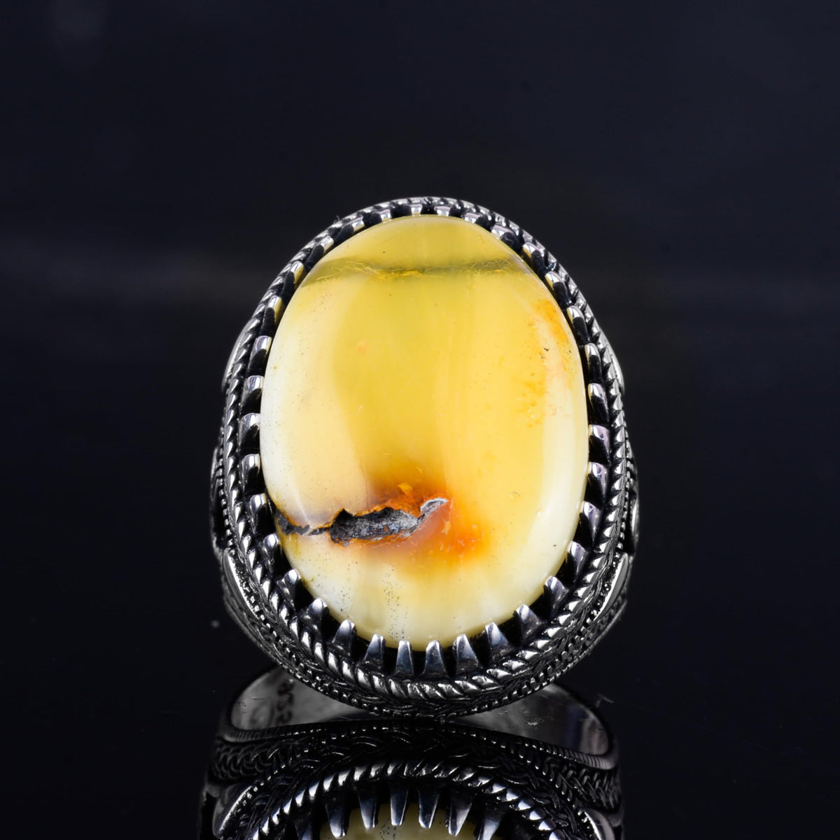 KAMBO Ottoman Tugra Design Natural Amber Stone Ring - 925 Sterling Silver Handmade (Model-7) — 4
