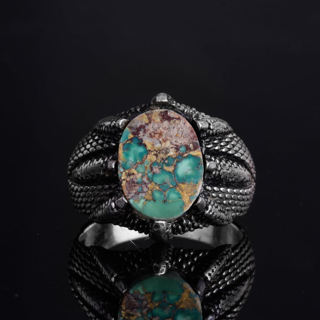 KAMBO 925 Sterling Silver Claw Detailed Natural Turquoise Stone Ring – Handmade Men's Legendary Warrior Jewelry (Style-13) — 4