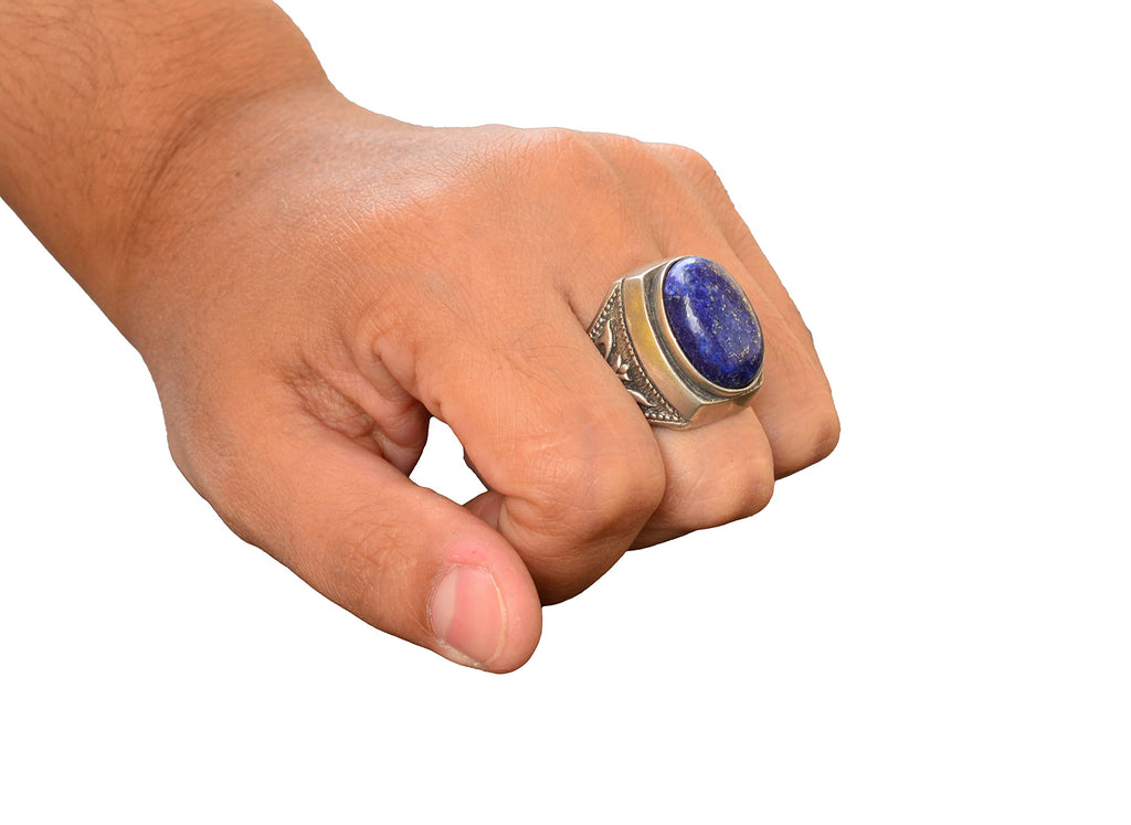 KAMBO Tulip Motif and Natural Lapis Lazuli Stone 925 Sterling Silver Men's Ring — 7