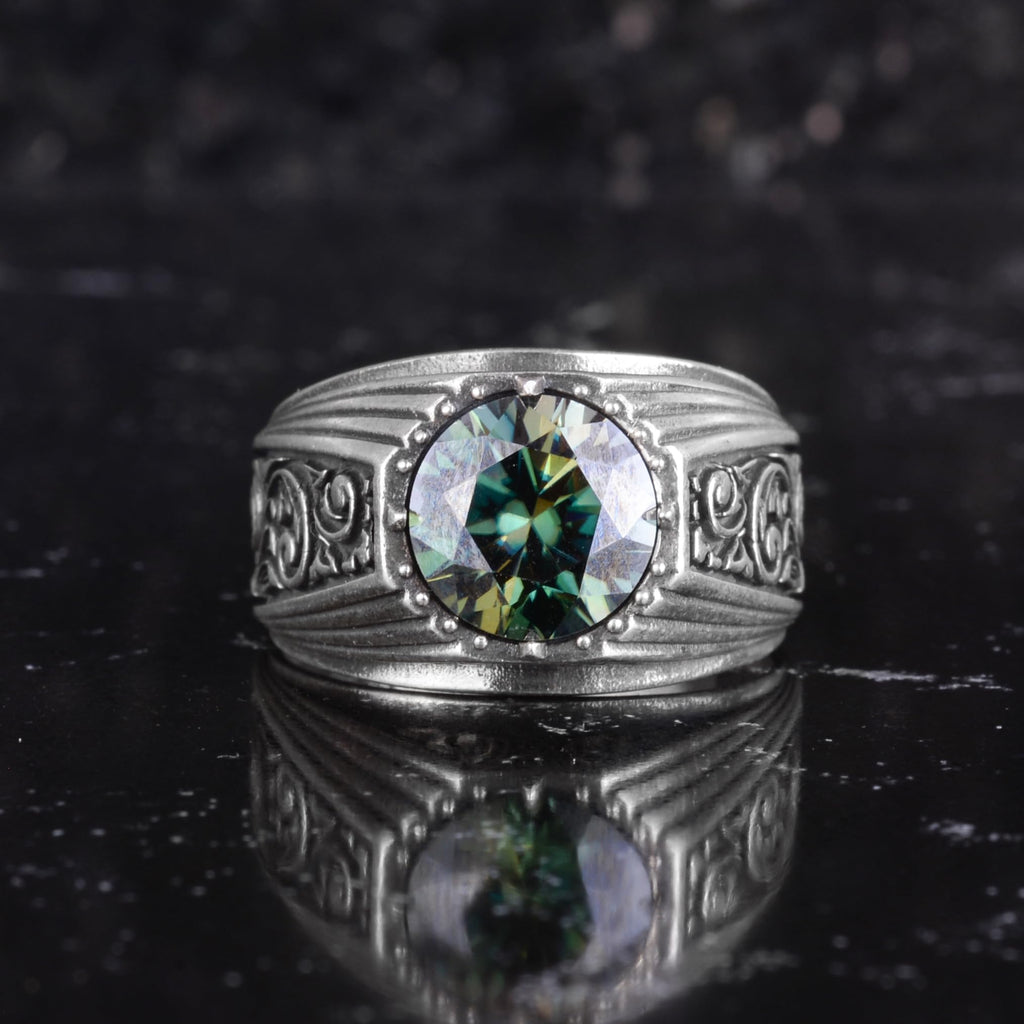 KAMBO Moissanite Round Stone Men's Ring 925 Sterling Silver – Faceted Stone Handmade Minimal Vintage Style Ring — 4