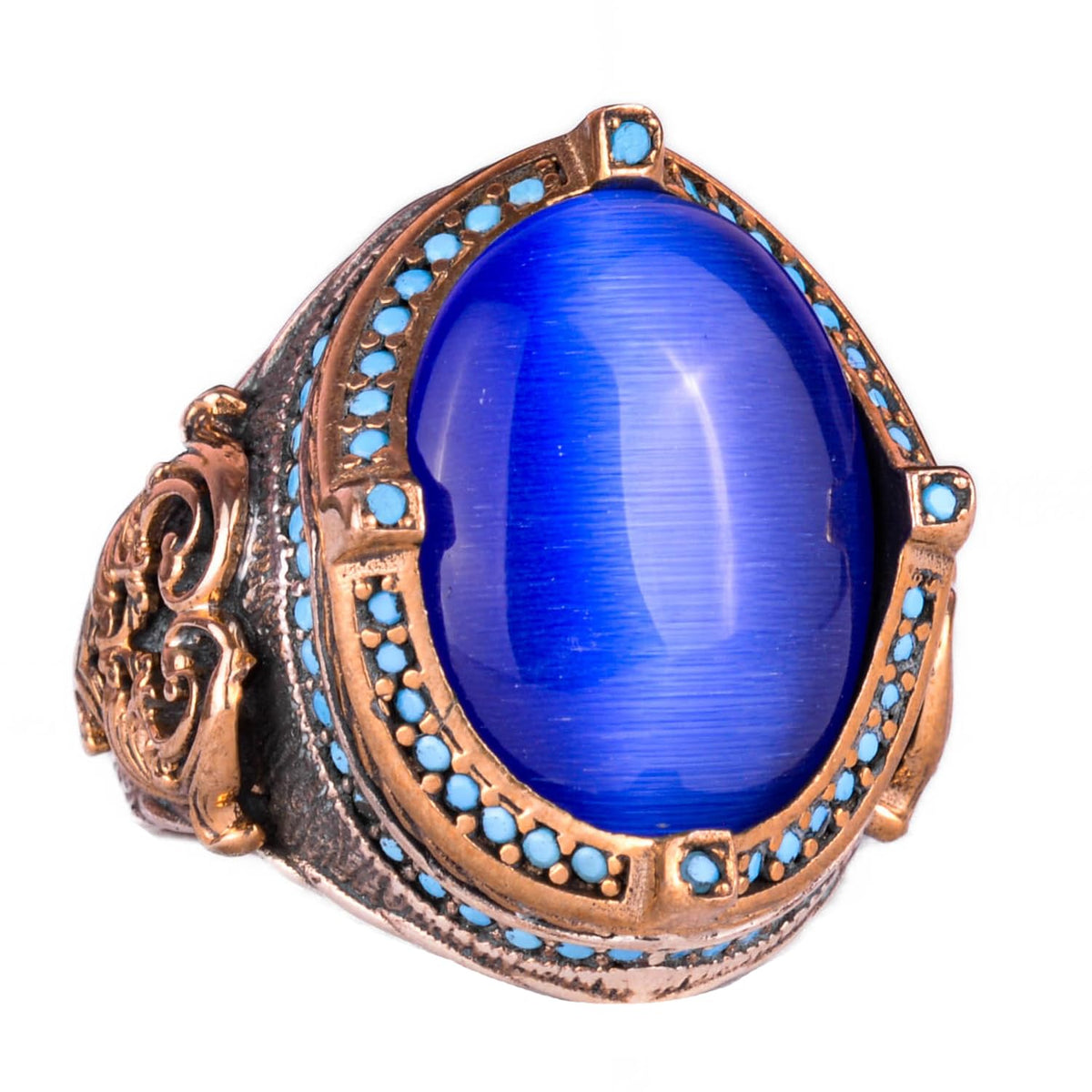 925 Sterling Silver Men's Ring, Blue Cat Eye Stone, Handmade Vintage Design Ring