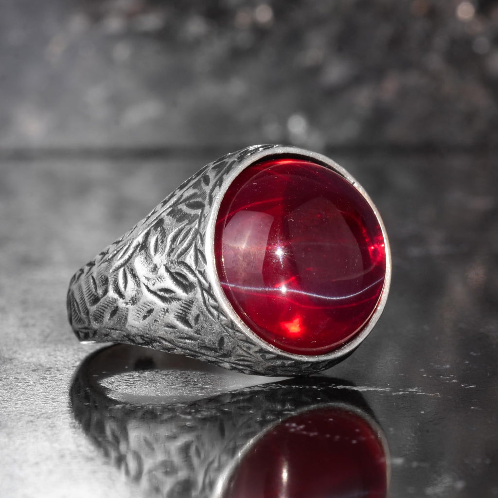 KAMBO Natural Stone Men's Ring 925 Sterling Silver Round Cabochon Handmade Statement Ring Stone (Star Ruby) — 6