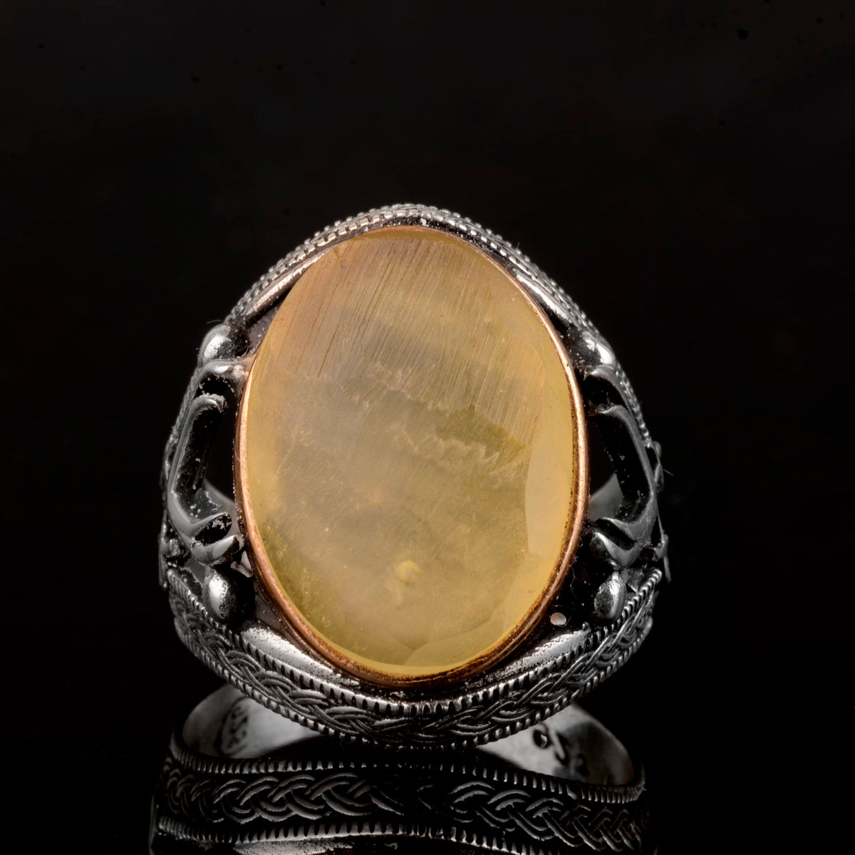 Natural Amber Stone Men's Ring, 925 Sterling Silver — 3
