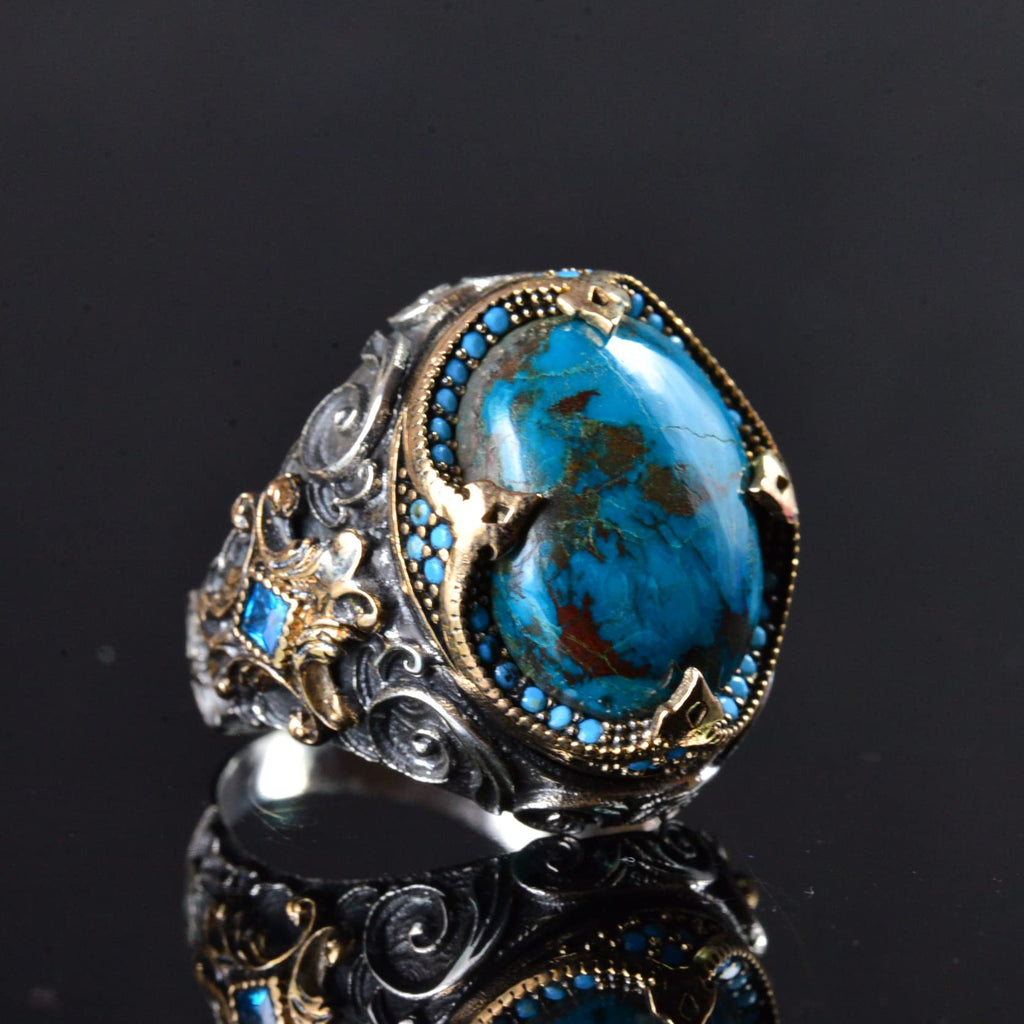 KAMBO Handmade Men’s Ring with Natural Azurite Gemstone, 925 Sterling Silver Art Deco Statement Ring, Vintage Stacking D
