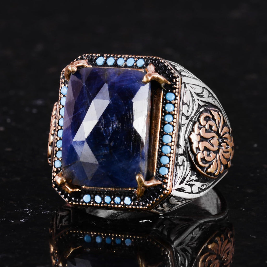 Natural Sapphire Stone Ring, Rectangular Design - 925 Sterling Silver Men's Ring, Handmade Elegance — 6