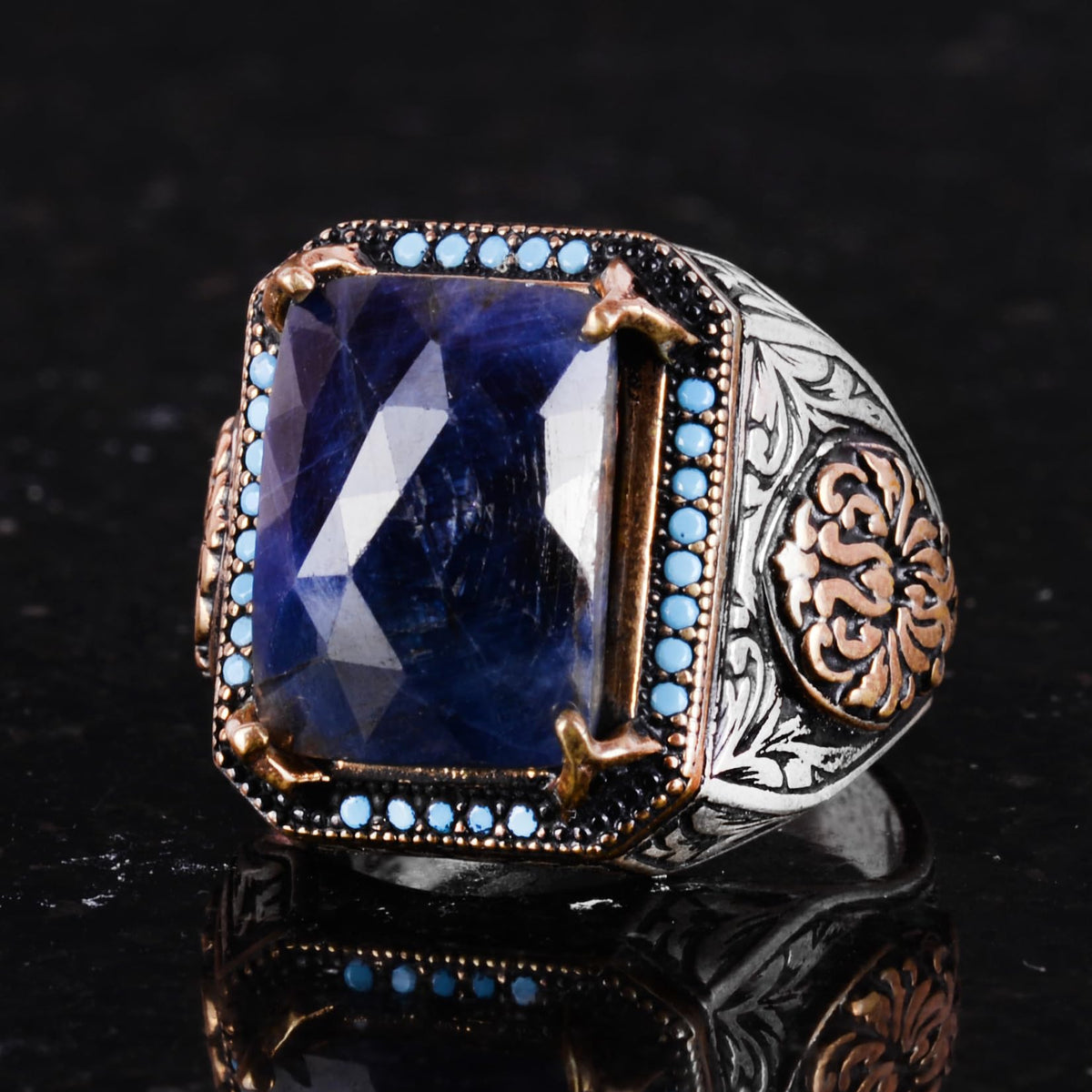Natural Sapphire Stone Ring, Rectangular Design - 925 Sterling Silver Men's Ring, Handmade Elegance — 6
