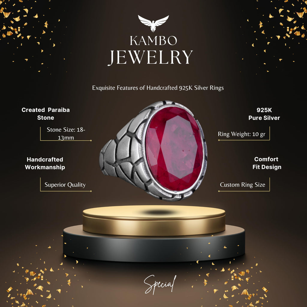 KAMBO Luxury 925 Sterling Silver Synthetic Stone Ring – Red Paraiba — 6