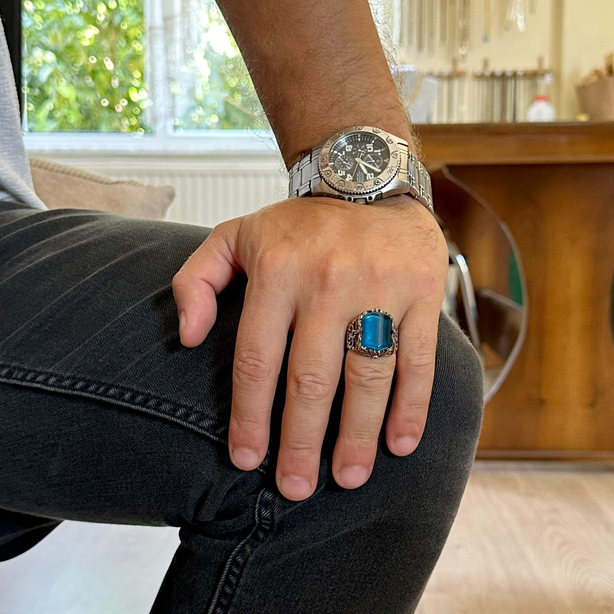 KAMBO Handmade 925 Sterling Silver Men's Ring - Special and Unique Design (Creation Aquamarine) — 3