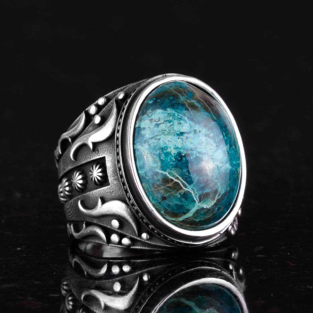 KAMBO Handmade 925 Sterling Silver Men's Chrysocolla Gemstone Ring, Minimalist Vintage Design, Solid Silver Statement Ba