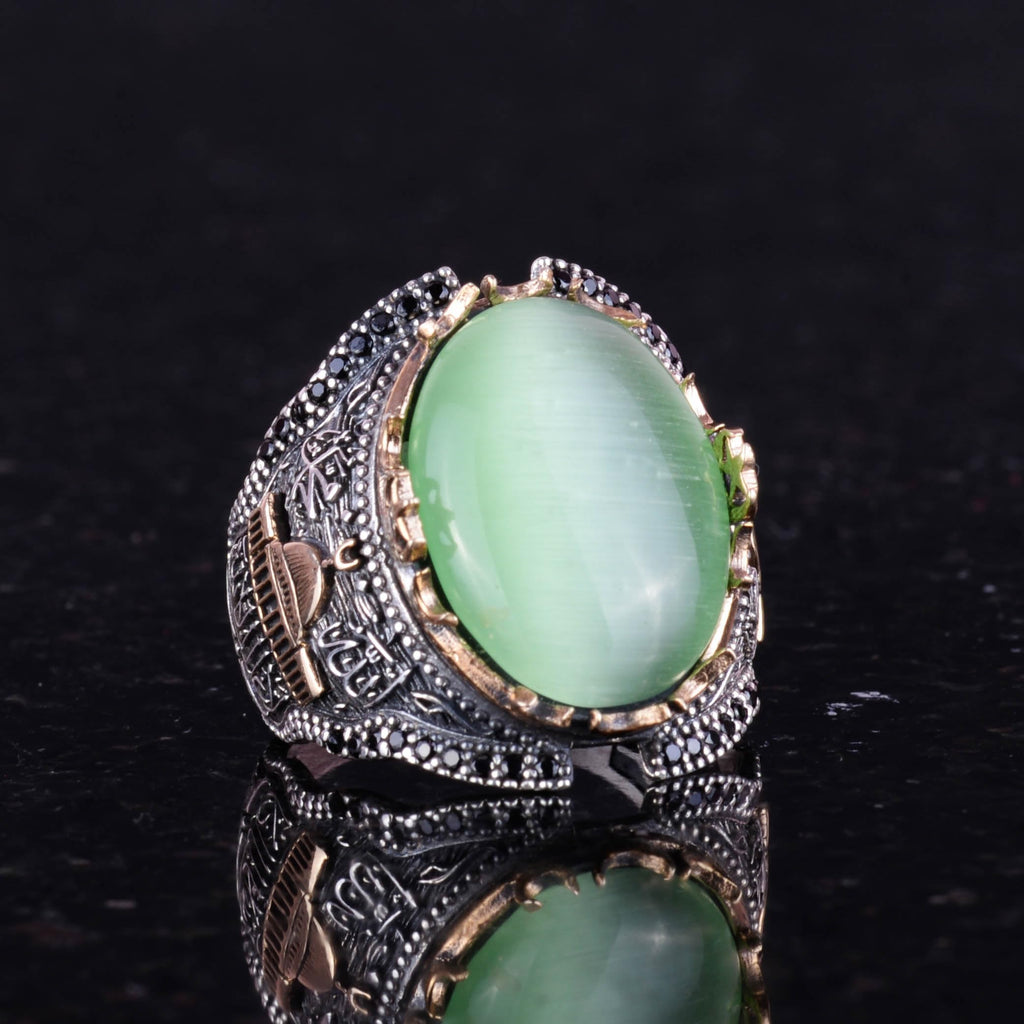 Light Green Cat's Eye Synthetic Stone Ring, Kaaba Silver Ring, 925 Sterling Silver Synthetic Stone Ring — 3