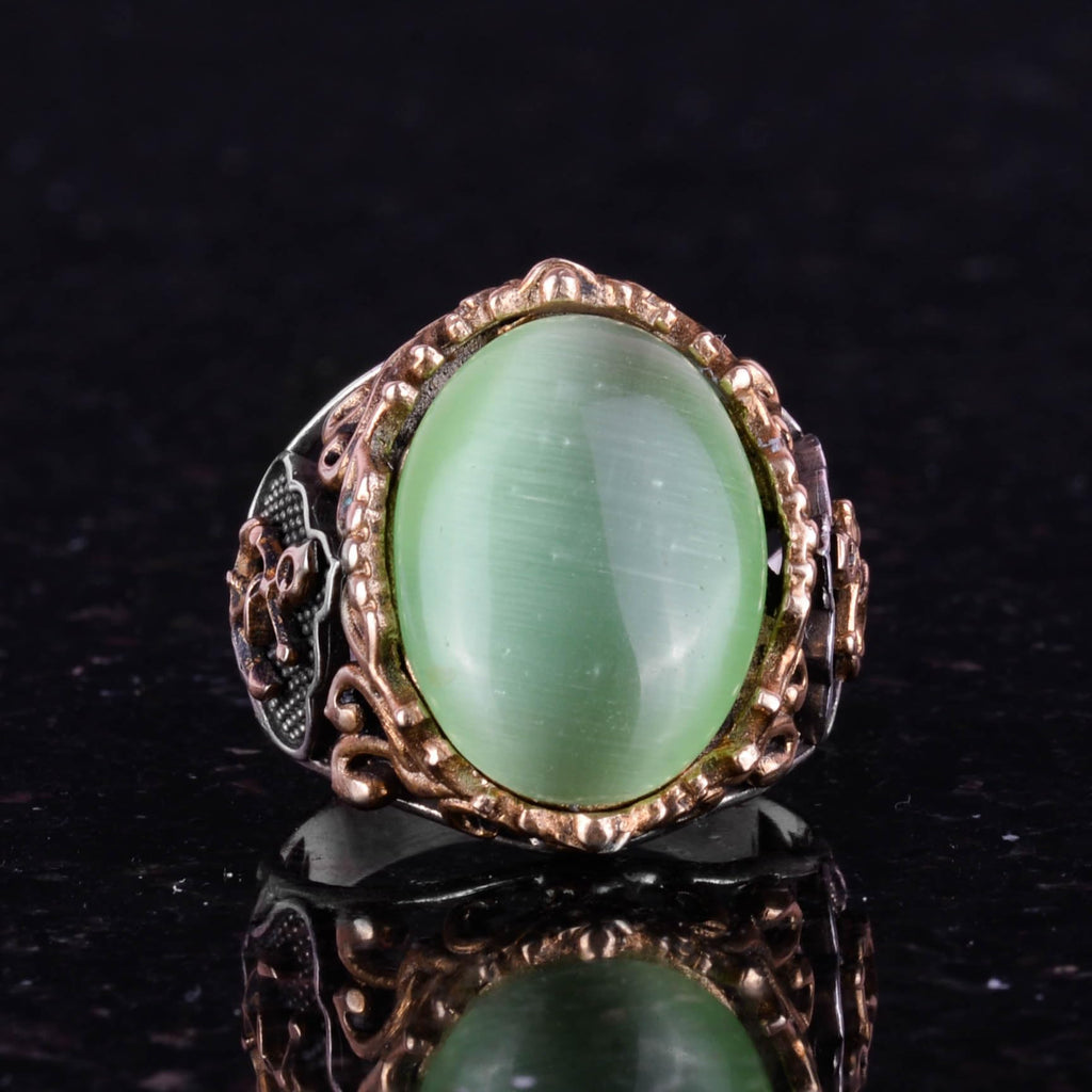 Light Green Cat's Eye Stone Ring, Nautical Anchor Silver Ring, 925 Sterling Silver - Various Collection — 4