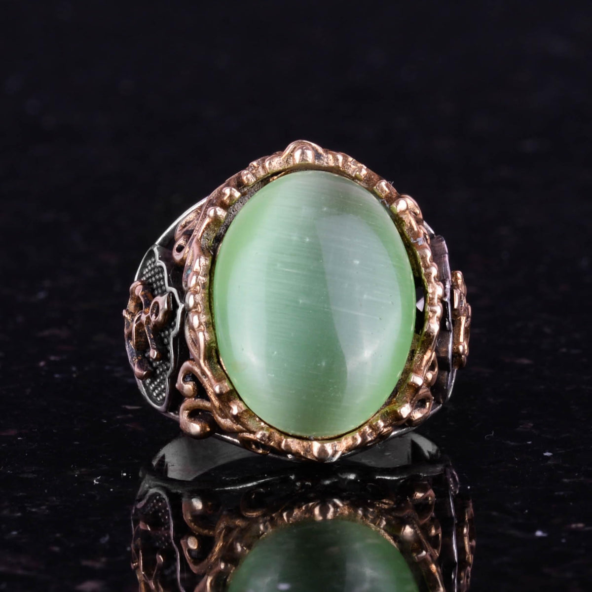 Light Green Cat's Eye Stone Ring, Nautical Anchor Silver Ring, 925 Sterling Silver - Various Collection — 4