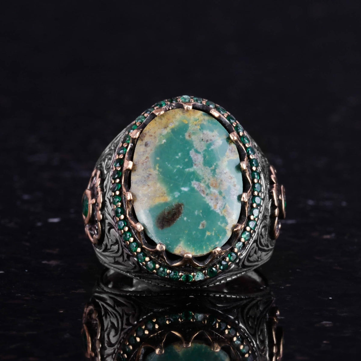 Natural Arizona Turquoise Stone Ring - Silver Men's Ring (Model-3) — 4