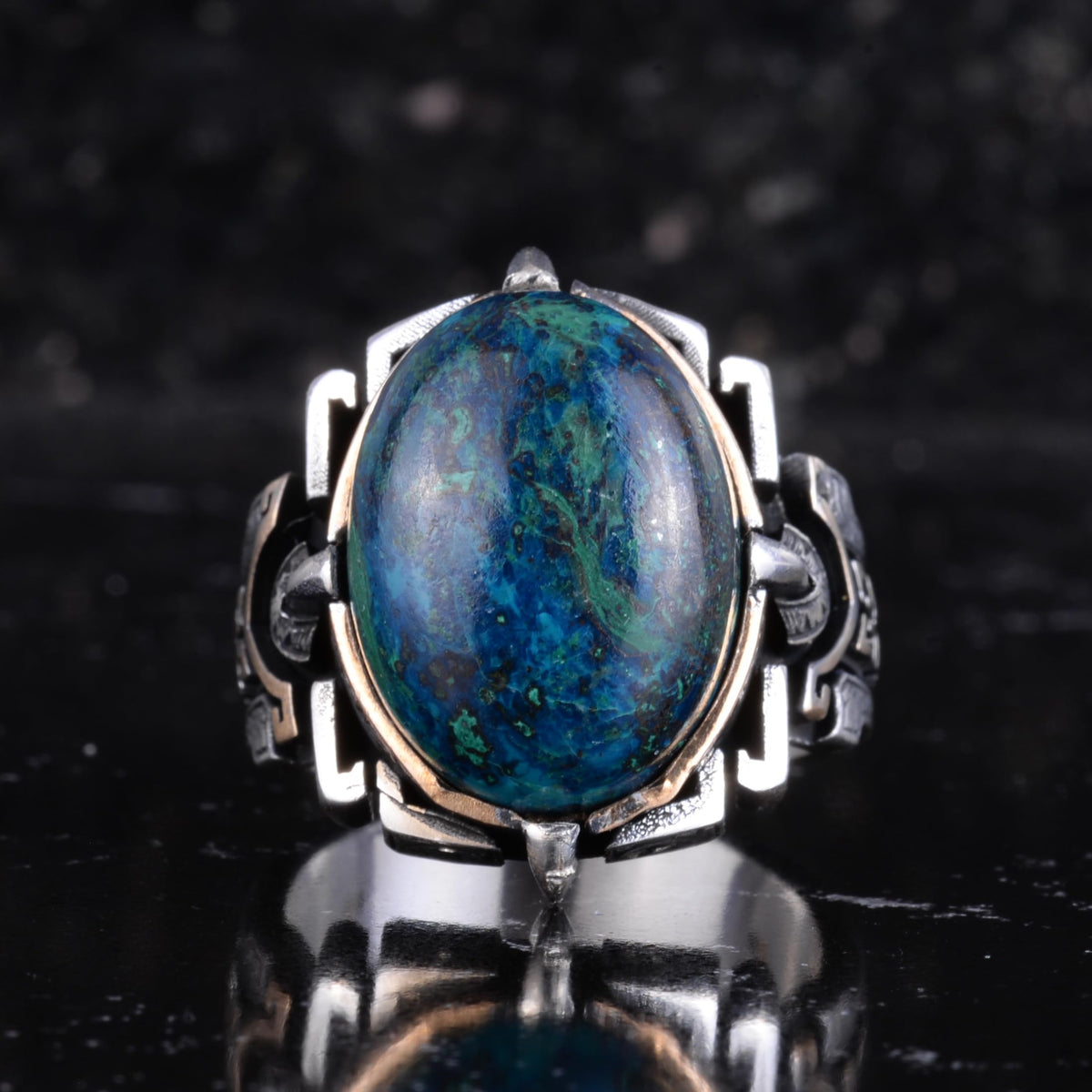 KAMBO Natural Stone Ring 925 Sterling Silver – Handmade Men's Statement Ring Healing Jewelry (Azurite) — 4