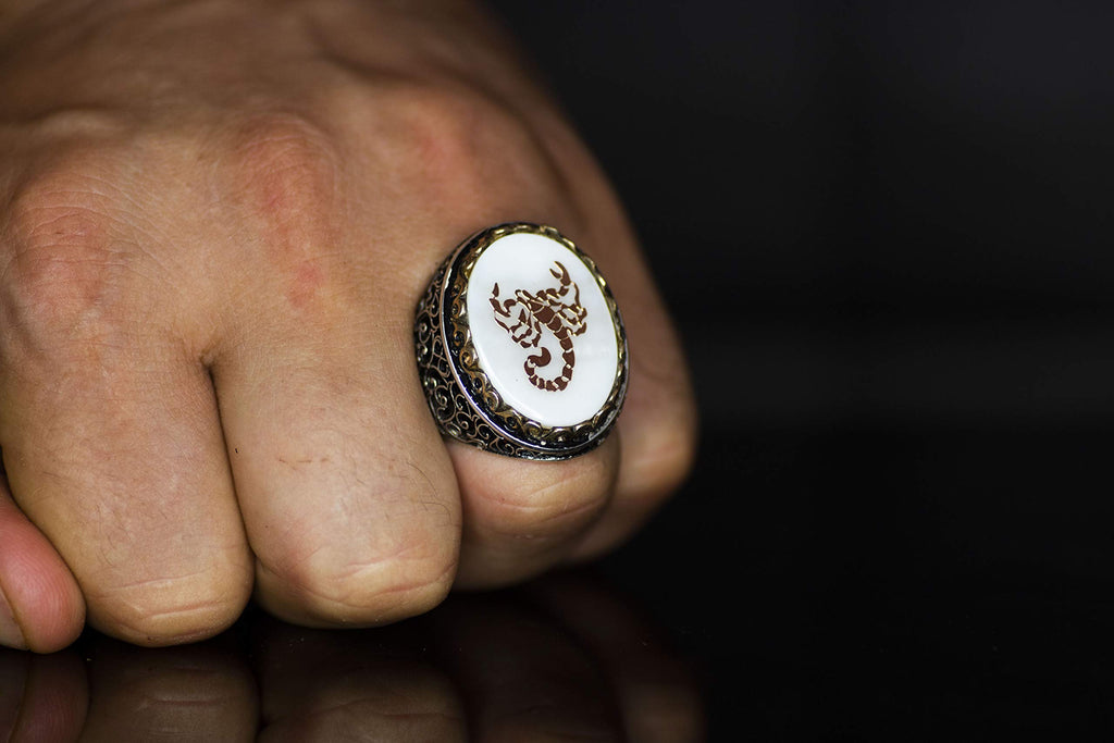 Noble and Symbolic Men's 925 Sterling Silver Ring - Decorated with Scorpio Symbol and Natural Stones — 5