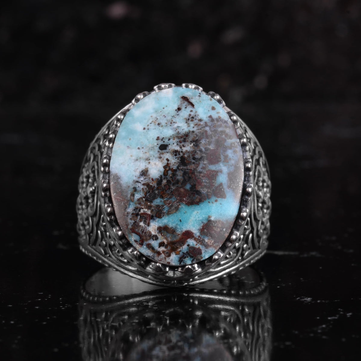KAMBO Natural Turquoise Stone Men's Ring 925 Sterling Silver Spider Web Pattern Oval Cabochon Vintage Handmade Statement Ring (Turquoise-4) — 4