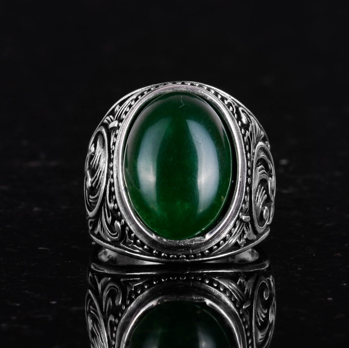Handmade Natural Jade Stone Ring - 925 Sterling Silver Men's Ring - Harmony and Abundance Design — 4