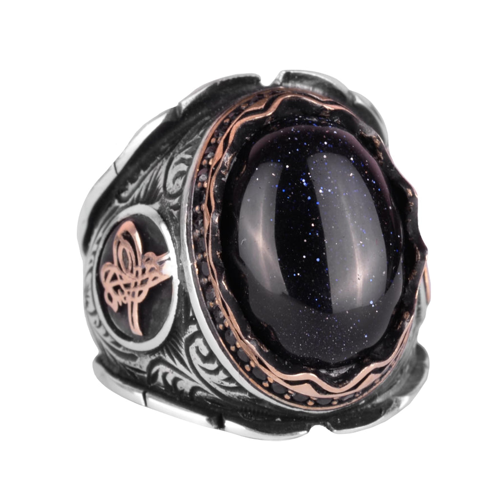 Ottoman Tugra Blue Sunstone Ring - 925 Sterling Silver