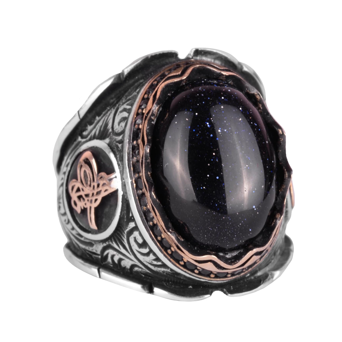Ottoman Tugra Blue Sunstone Ring - 925 Sterling Silver
