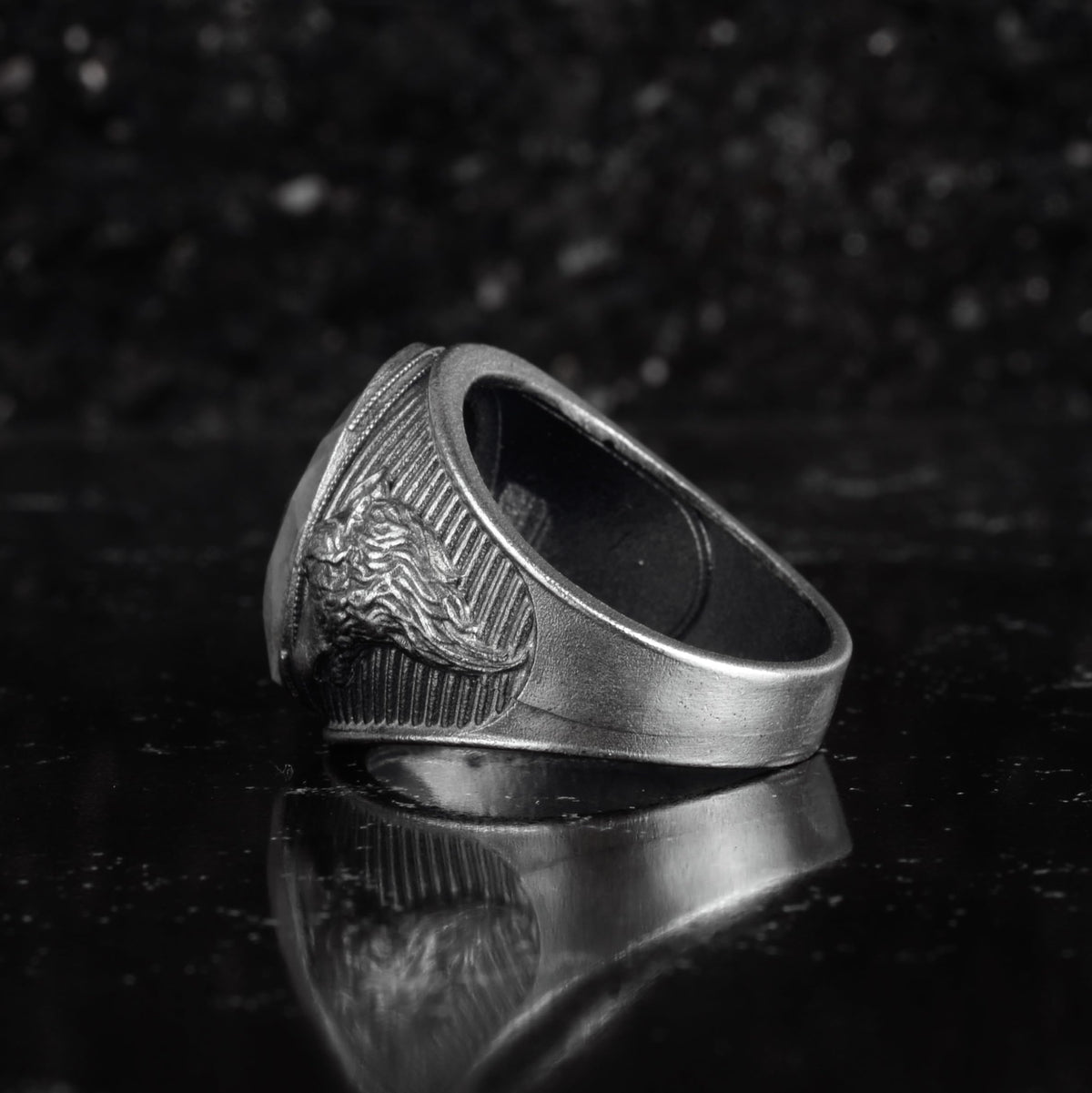 KAMBO Natural Stone Men's Ring – 925 Sterling Silver Ring – Wolf Head Expression – Vintage Men's Jewelry (Sapphire) — 7