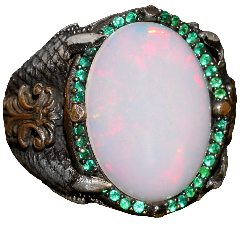 KAMBO Handmade Men's Sterling Silver Ring with Genuine 10 Carat Natural Australian Opal Gemstone, Elite Vintage Statemen