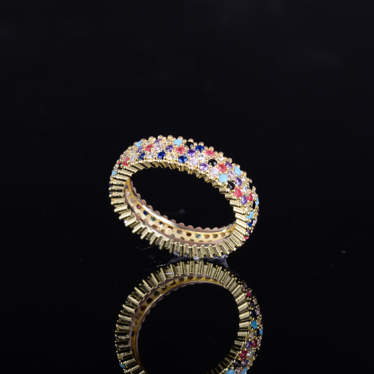 KAMBO 925 Sterling Silver Women's Thin Infinity Band – Gold Plated Multicolored Zircon Ring – Elegant Thin Anniversary Jewelry — 6