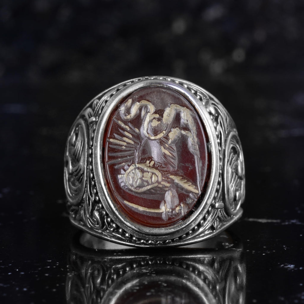 KAMBO Natural Agate Stone Men's Ring Intaglio Warrior Motif 925 Sterling Silver – Handmade Vintage Statement Seal Ring — 4