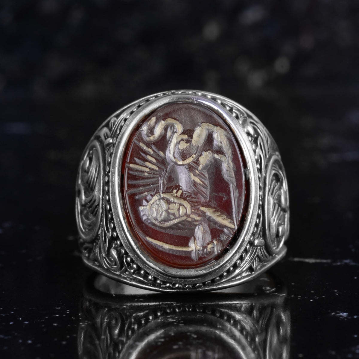 KAMBO Natural Agate Stone Men's Ring Intaglio Warrior Motif 925 Sterling Silver – Handmade Vintage Statement Seal Ring — 4