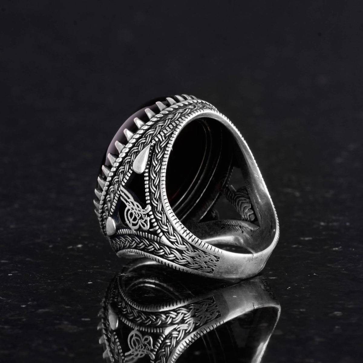 Handmade Natural Stone Ring, 925 Sterling Silver Men's Ottoman Tughra Ring – Magnificent Design (Obsidian) — 6