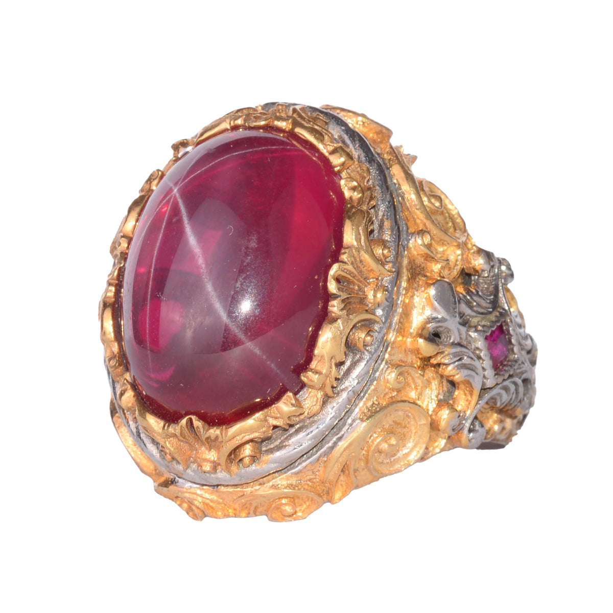 KAMBO Natural Star Ruby Stone Ring for Men Gold Plated 925 Sterling Silver Ottoman Pattern Handmade Statement Ring Asterism Ruby