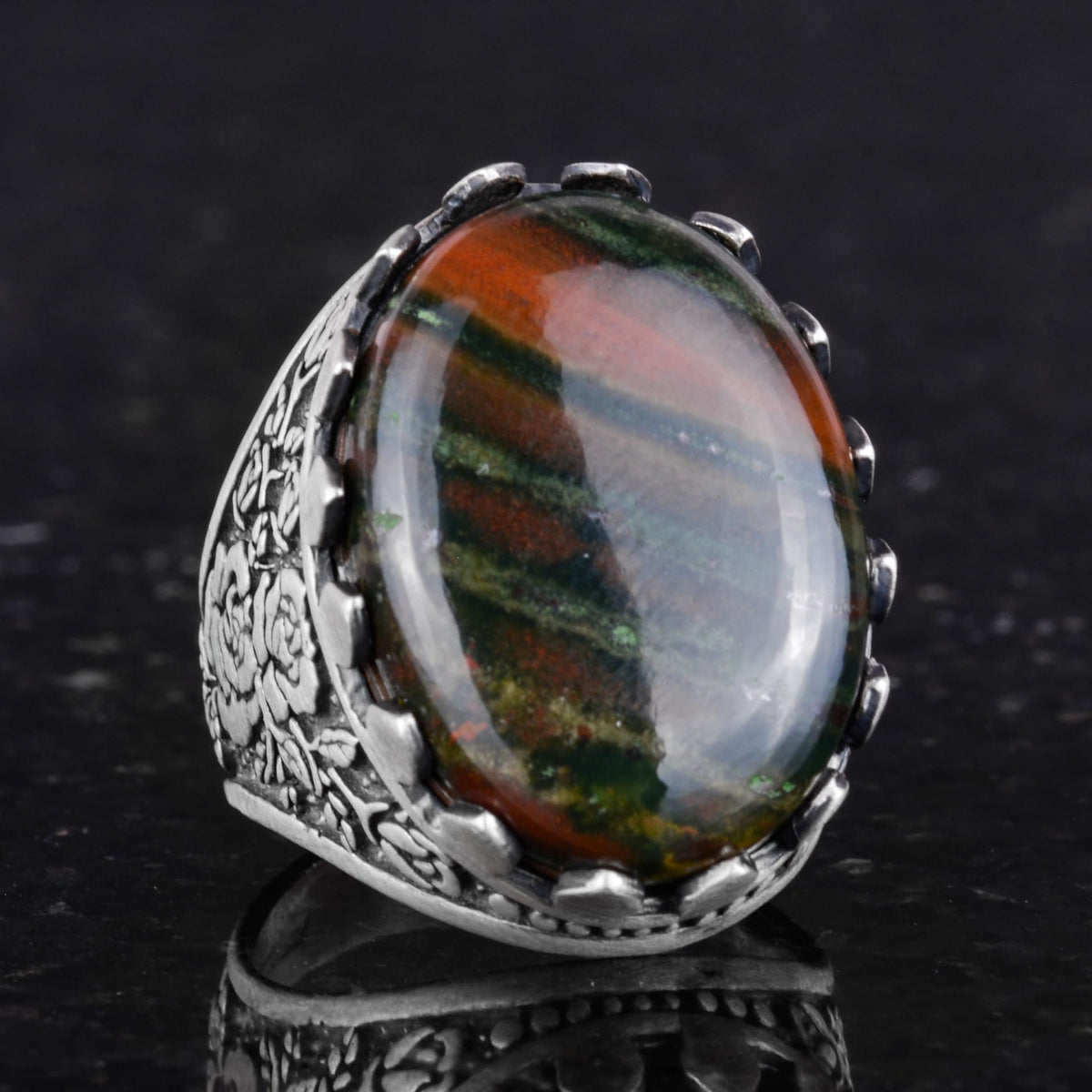 Natural Green Bloodstone Ring - Rose Pattern 925 Sterling Silver Ring — 5