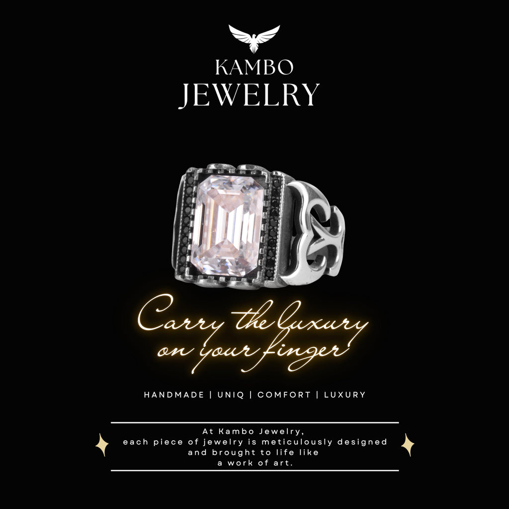 Certified Natural Diamond Moissanite Stone Men's Ring 925 Sterling Silver – Black Stone Detailed Rectangular Statement Ring — 9