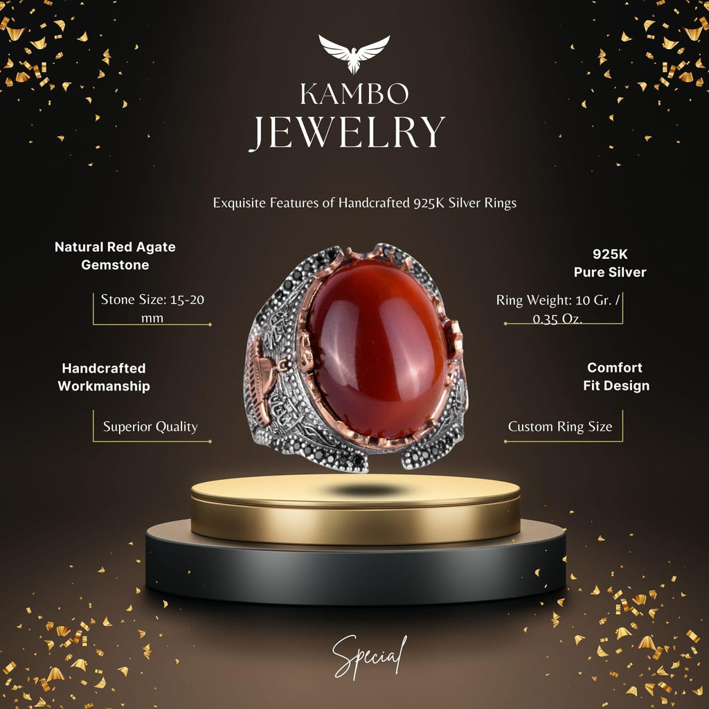 Natural Red Agate Stone Ring, 925 Sterling Silver — 2