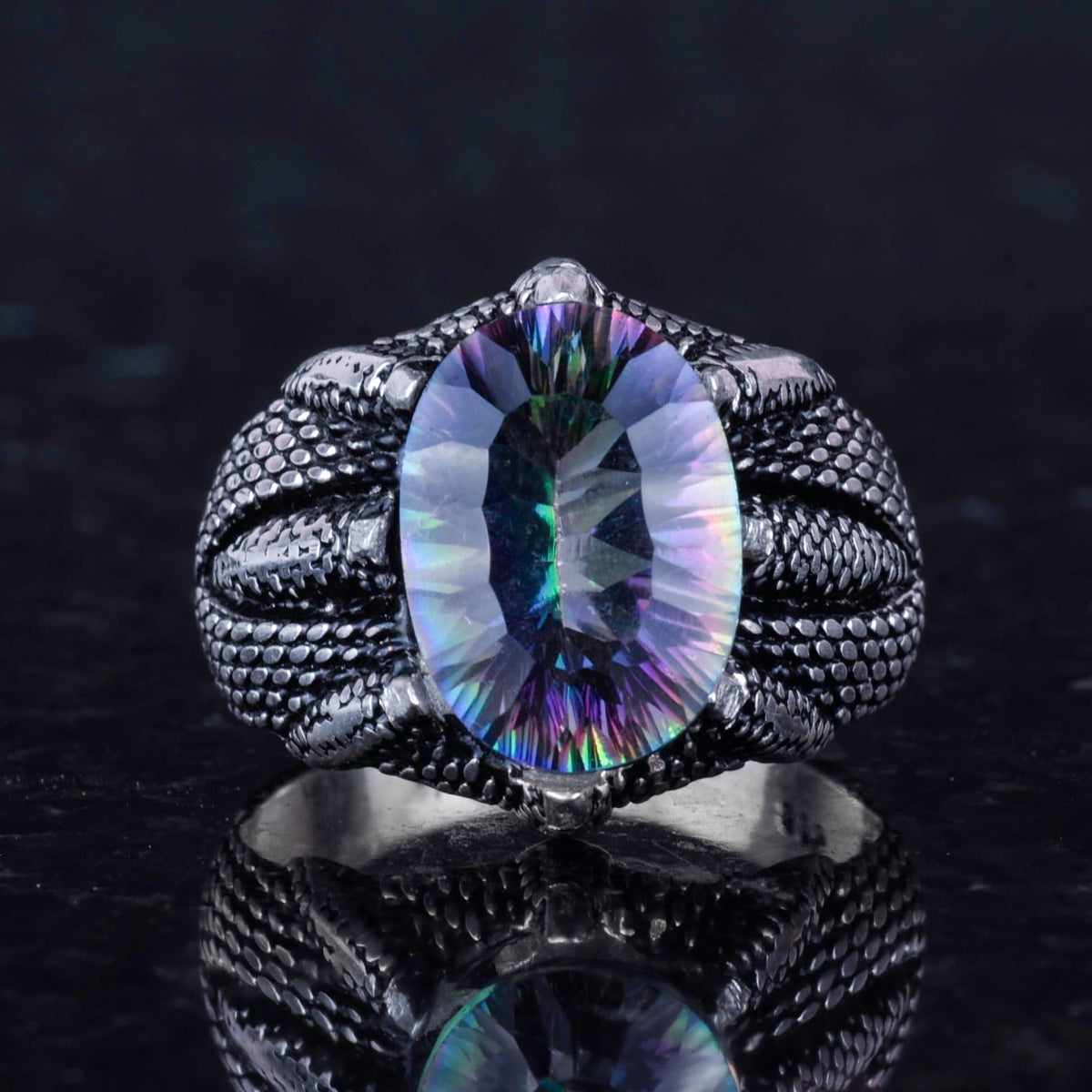 Silver Claw Ring with Natural Mystic Topaz Stone — 3