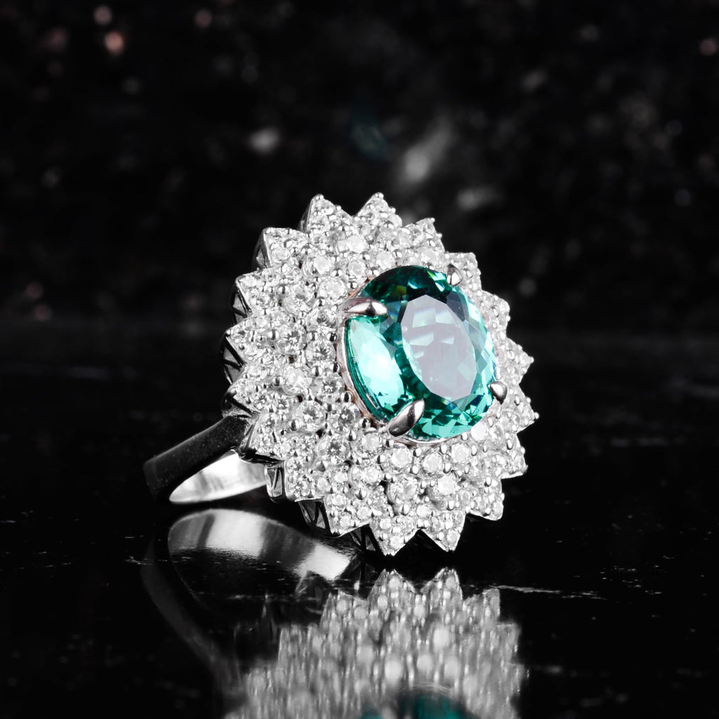 KAMBO Created Green Stone Women's Ring 925 Sterling Silver – Oval Halo Luxury Statement Ring for Women — 6