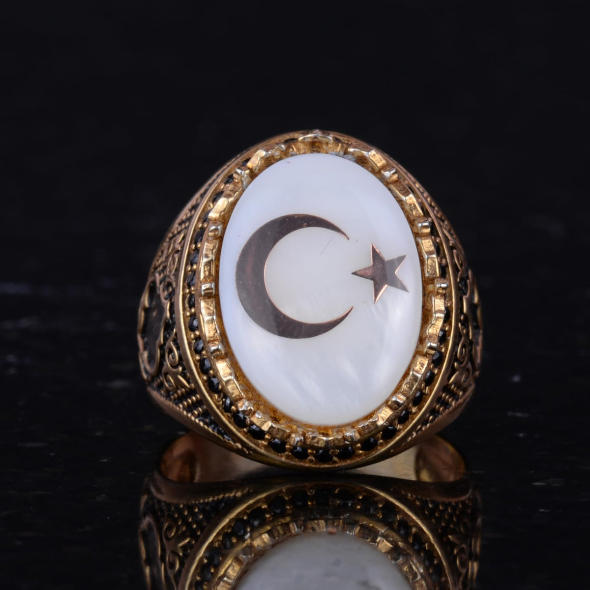 925 Sterling Silver Gold Plated Men's Ring - Crescent and Star Design (White) — 4