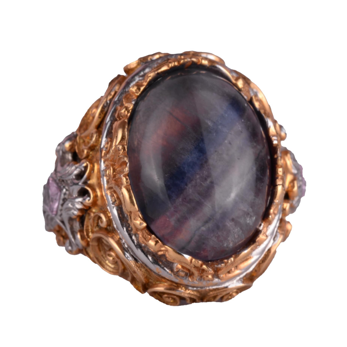 KAMBO Genuine Natural Stone Ring - Men's Sultan Ring - Gold Plated 925 Sterling Silver Ring - Handmade Ring (Fluorite)