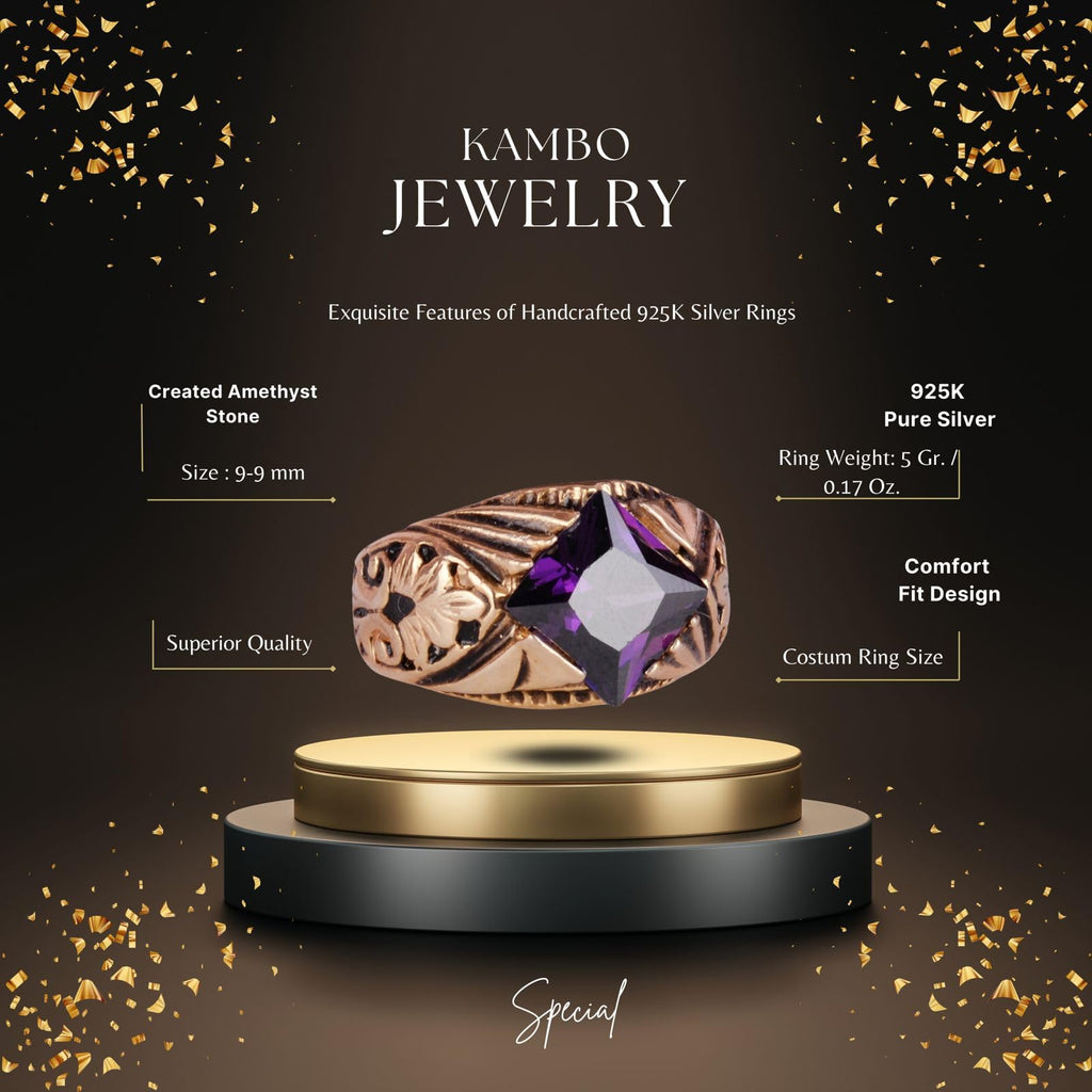 KAMBO Handmade 925 Sterling Silver Ring with Created Amethyst Stone, Modern Unisex Design, Gold Plated Finish, Elegant S