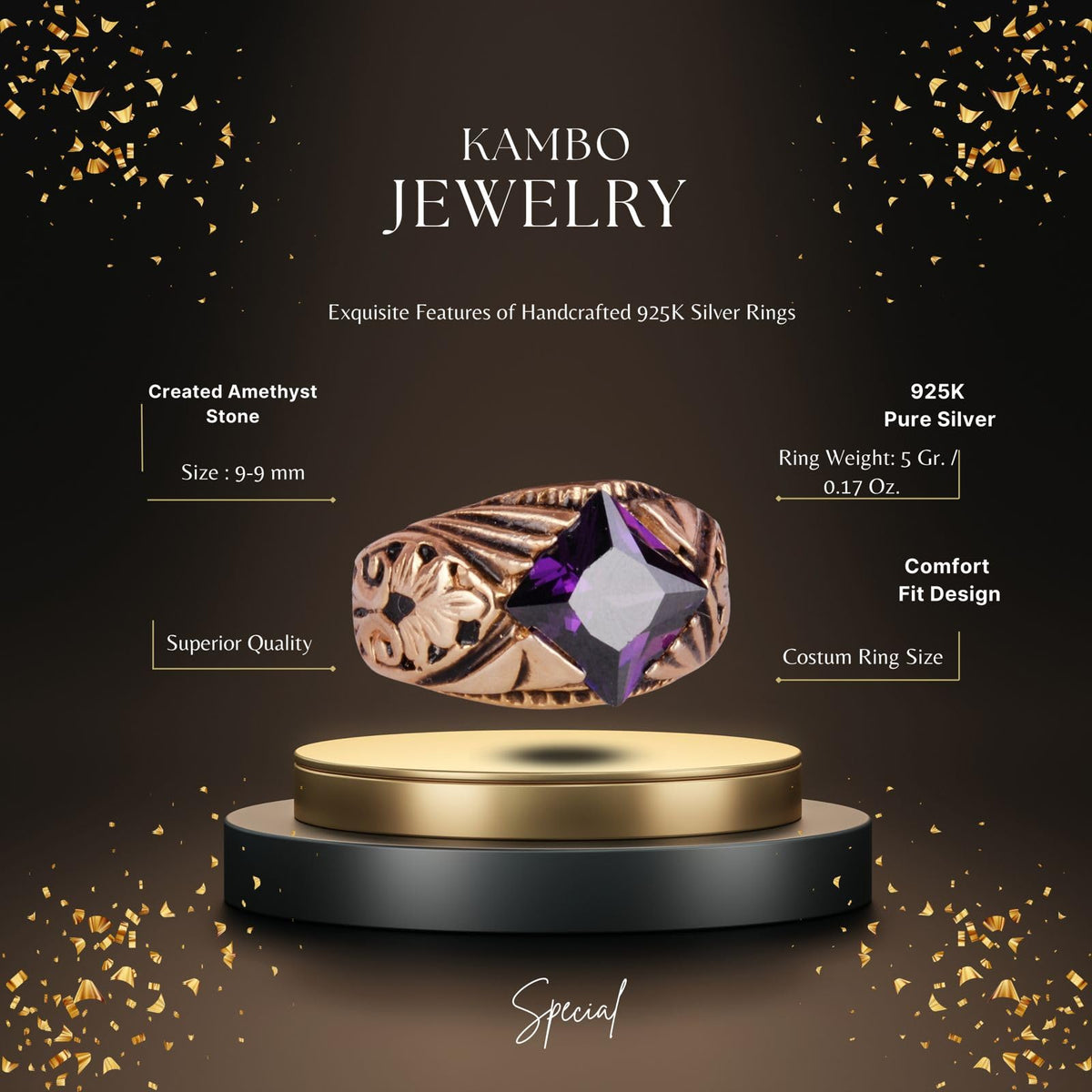 KAMBO Handmade 925 Sterling Silver Ring with Created Amethyst Stone, Modern Unisex Design, Gold Plated Finish, Elegant S