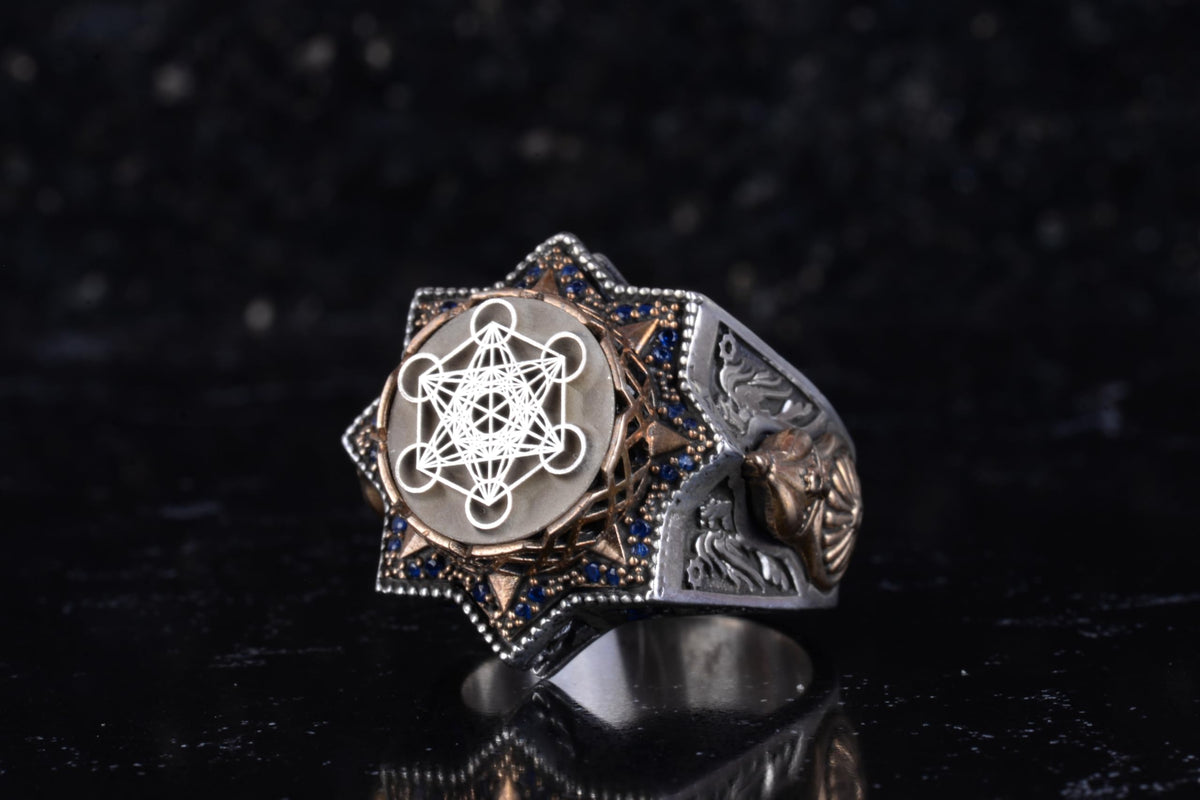KAMBO Metatron's Cube Star Shaped Men's Ring – 925 Sterling Silver Large Statement Ring – Sacred Geometry Symbol Ring – Handmade Vintage Design — 5